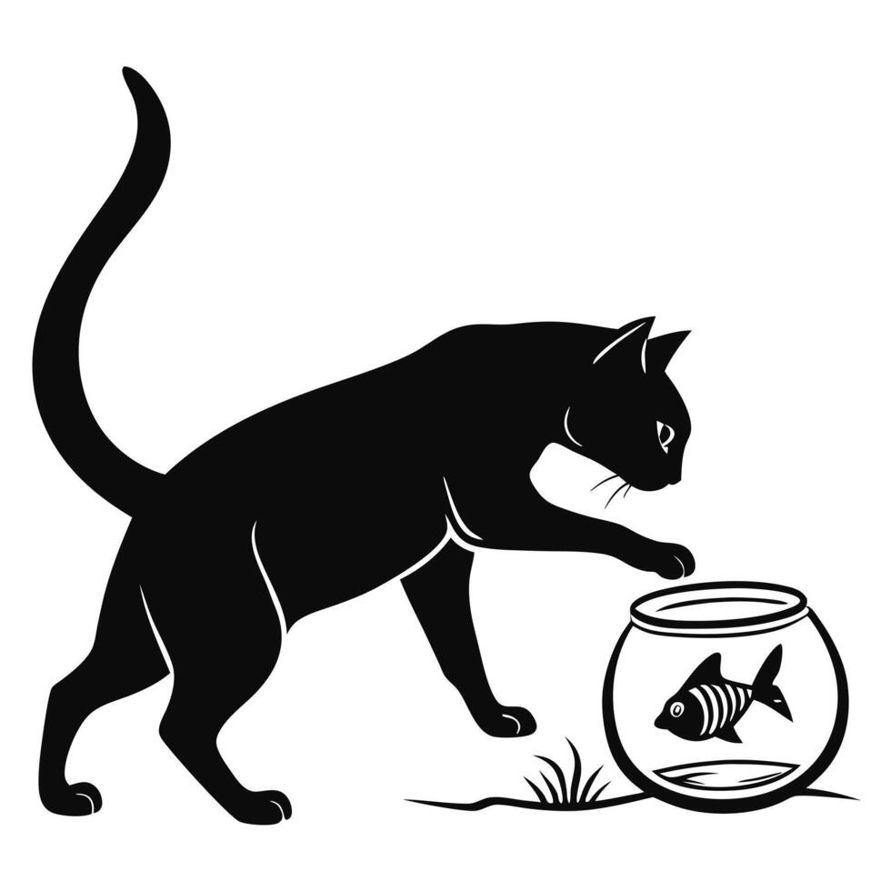 Curious Cat And Fish Bowl Silhouette vector