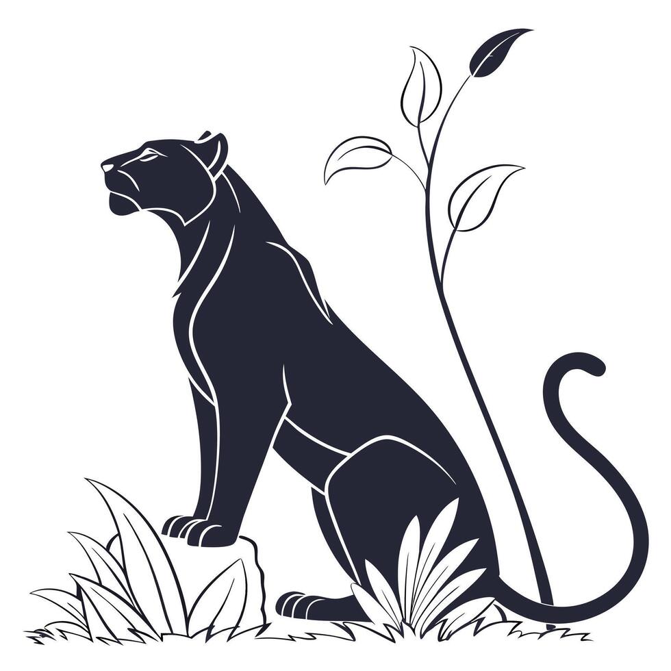 Elegant Panther Silhouette With Tropical Leaves vector