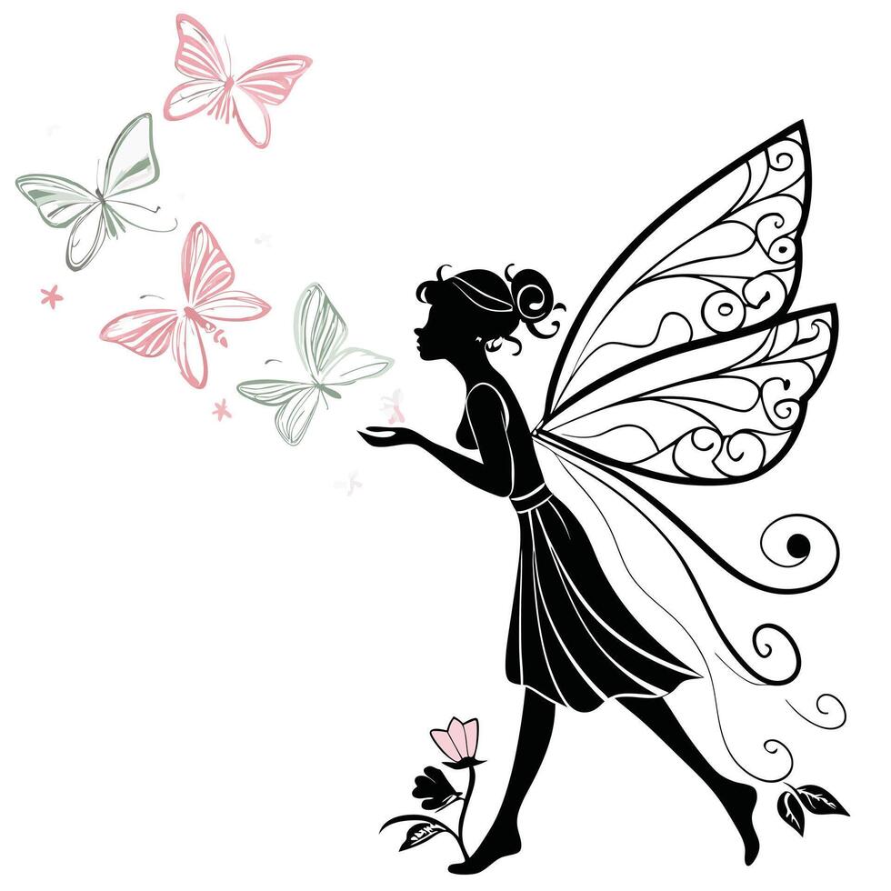 Elegant Fairy Silhouette With Butterflies Illustration vector