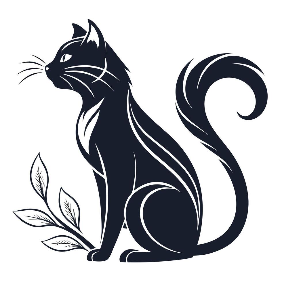 Elegant Black Cat With Floral Design vector