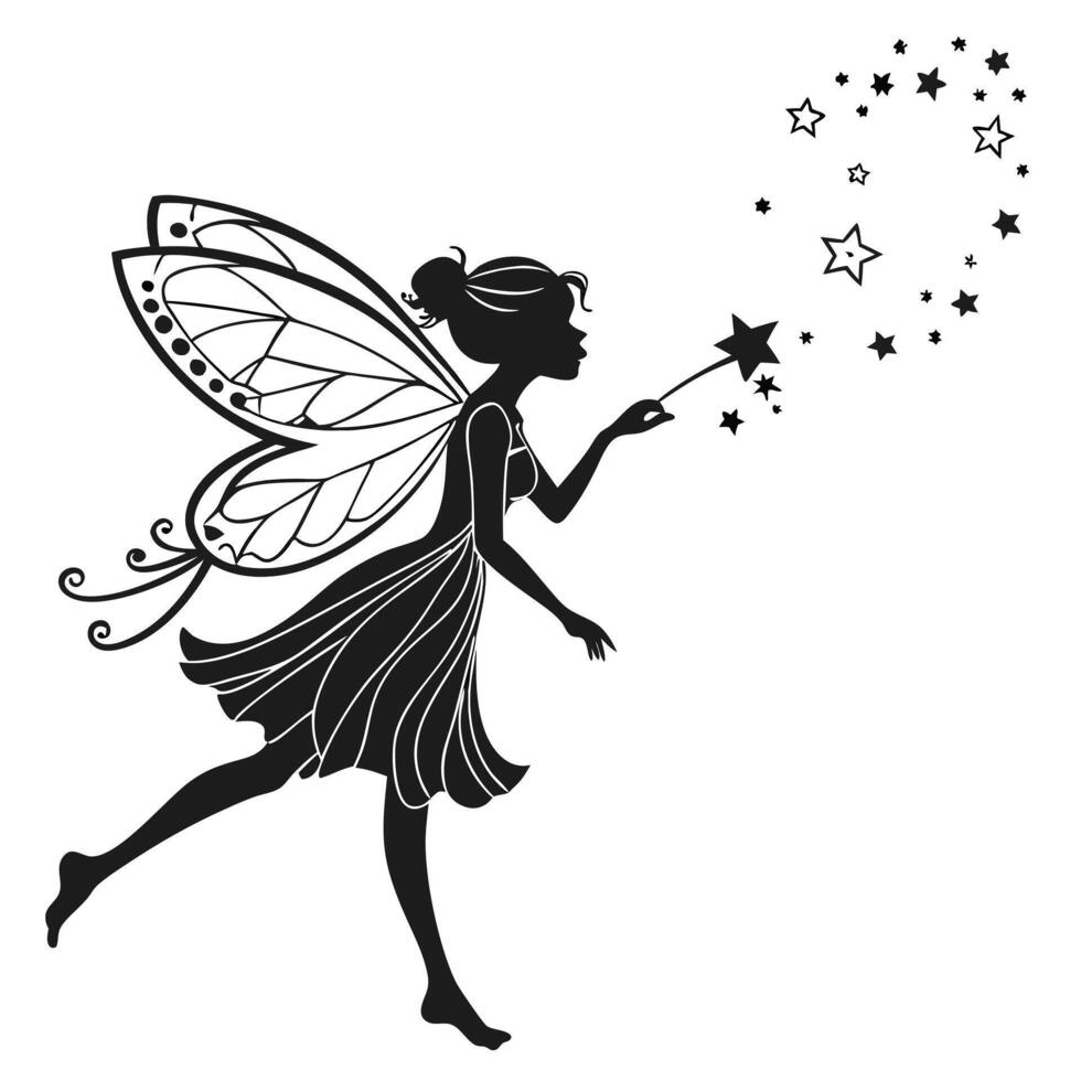 Fairy Silhouette With Magic Wand Stars vector