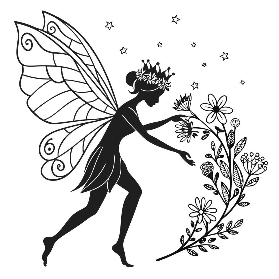 Fairy With Flowers And Stars Silhouette vector