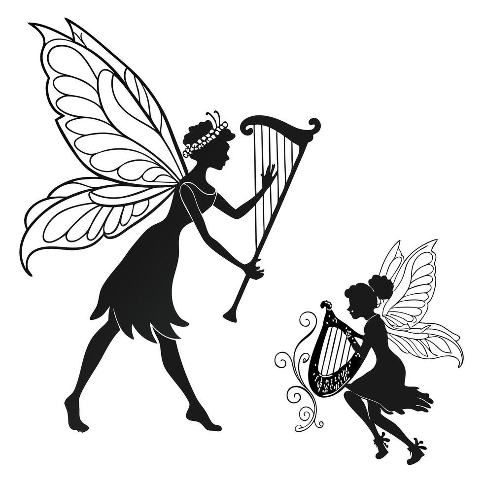 Fairies Playing Harps Silhouette Graphic vector