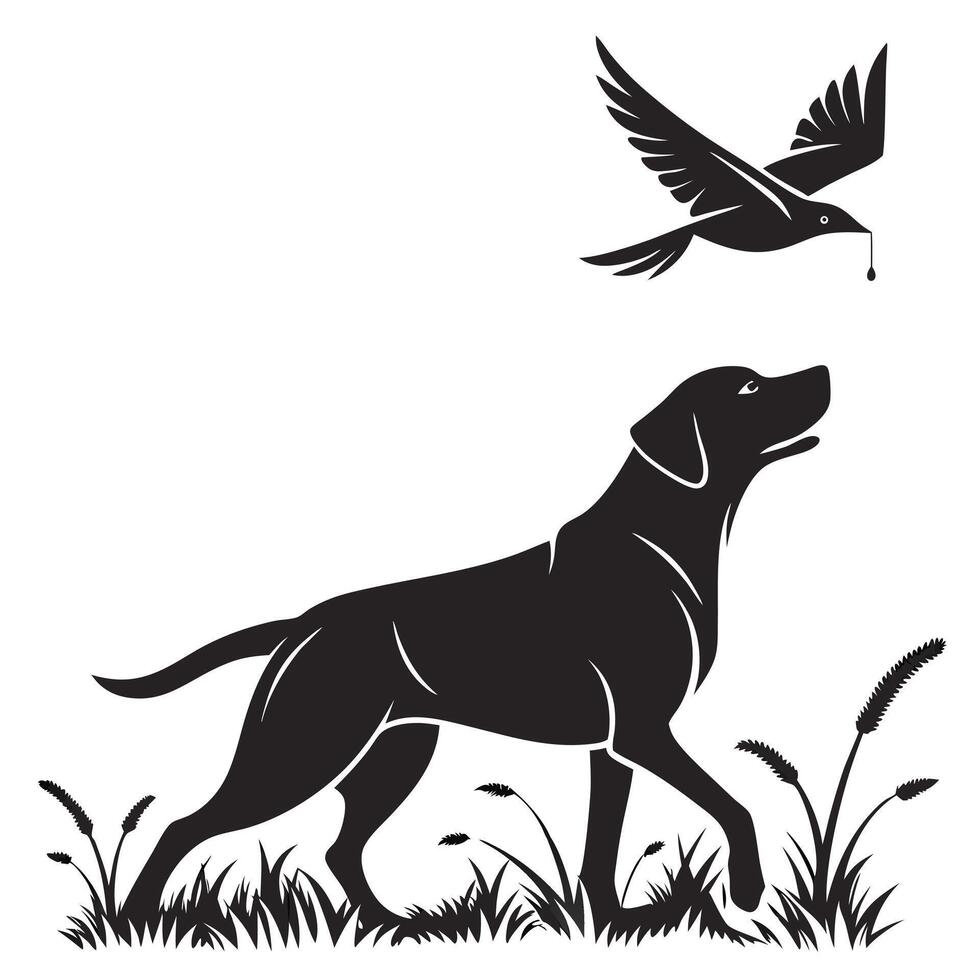 Labrador Dog Retrieving Bird Silhouette Illustration vector