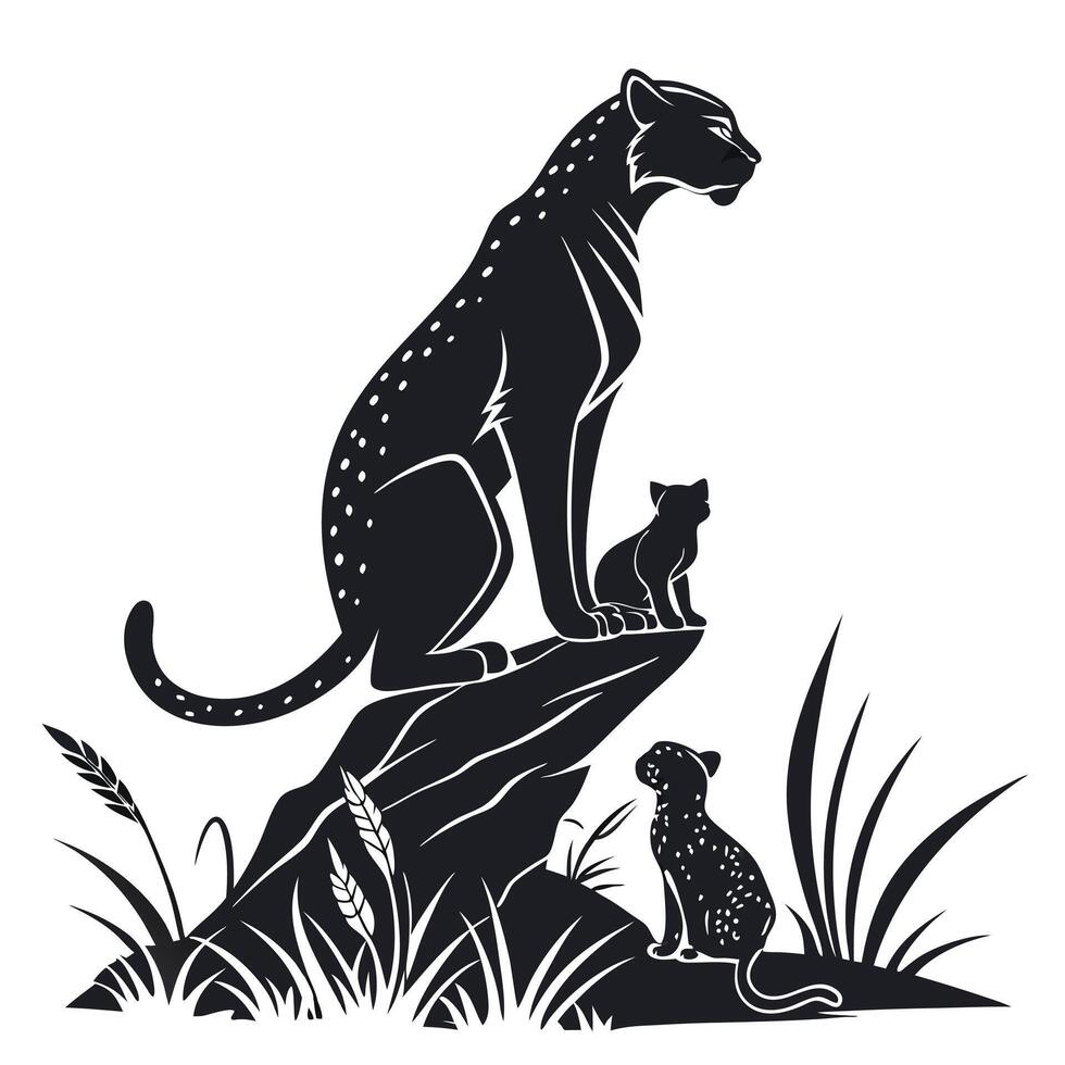 Leopard With Cubs Black And White vector
