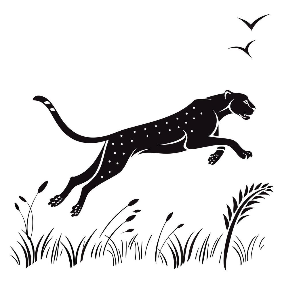 Leaping Cheetah Through Grass Monochrome vector