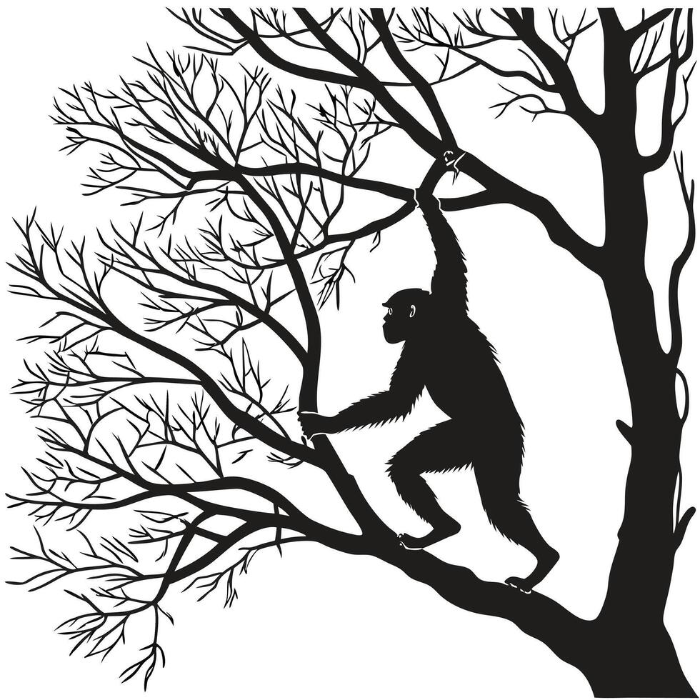 Monkey Climbing Tree In Black Silhouette vector