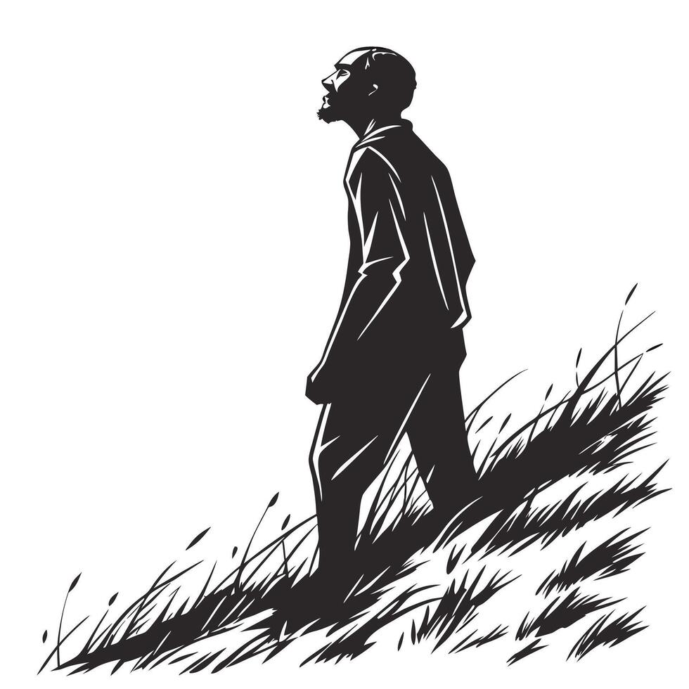 Man Silhouette Walking Up Grassy Hill vector