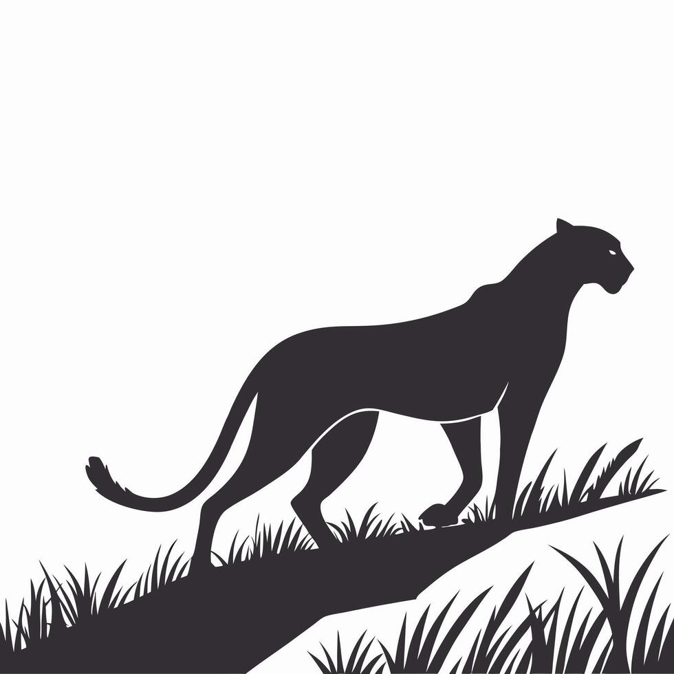 Panther Silhouette In Grassy Hillside Scene vector