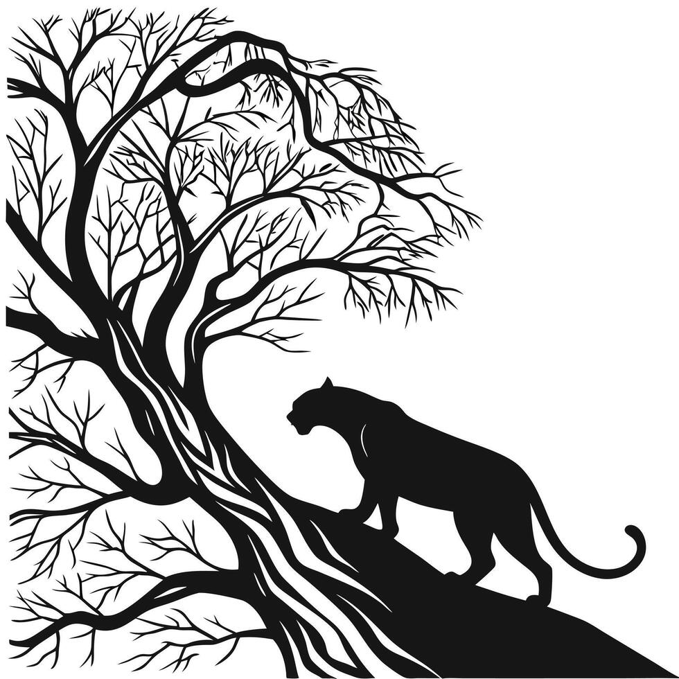 Panther Silhouette Under Tree Black And White vector