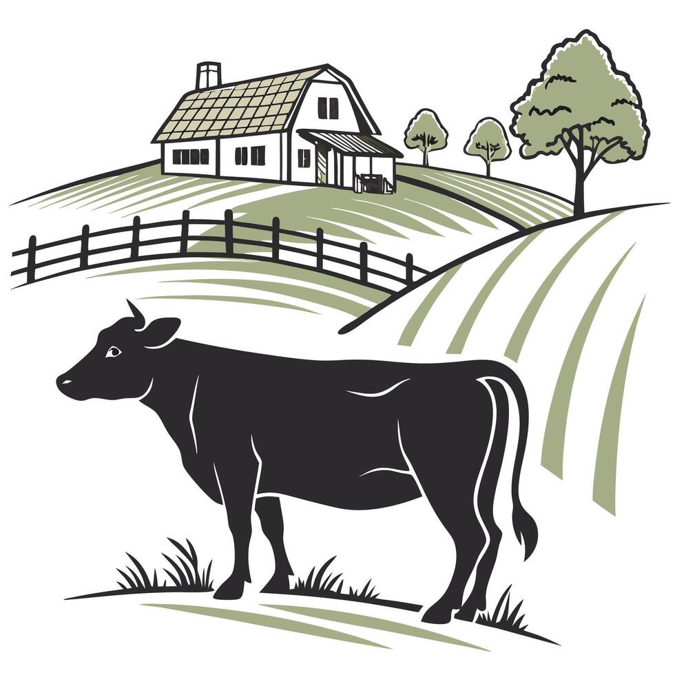 Peaceful Farm Scene With A Cow vector