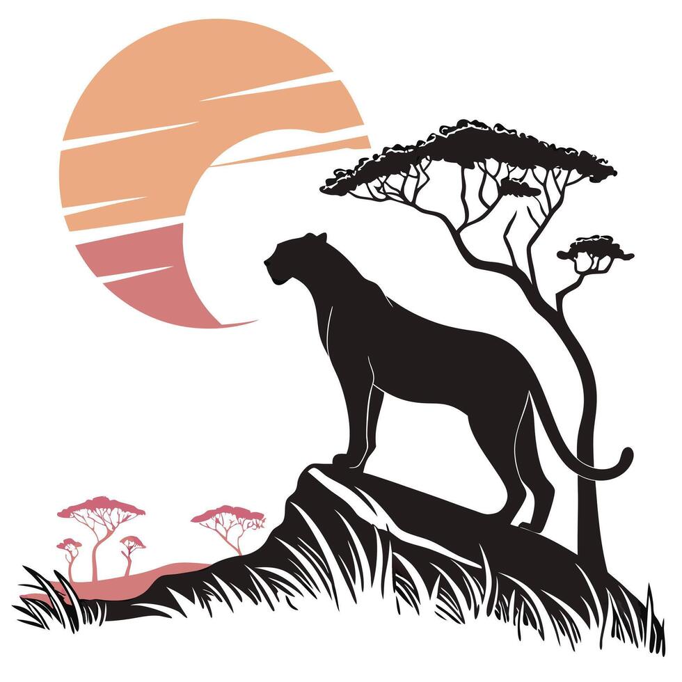 Panther Silhouette At Sunset In Savanna vector