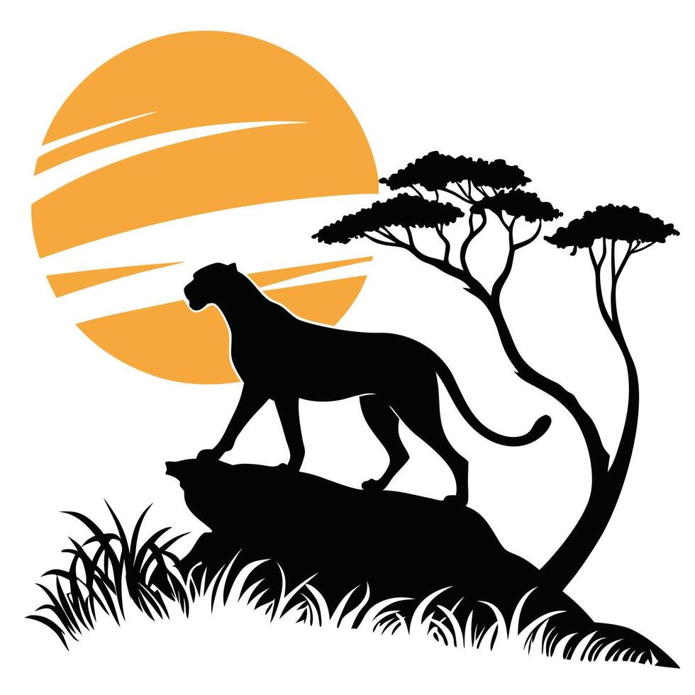 Panther Silhouette On Rock At Sunset vector