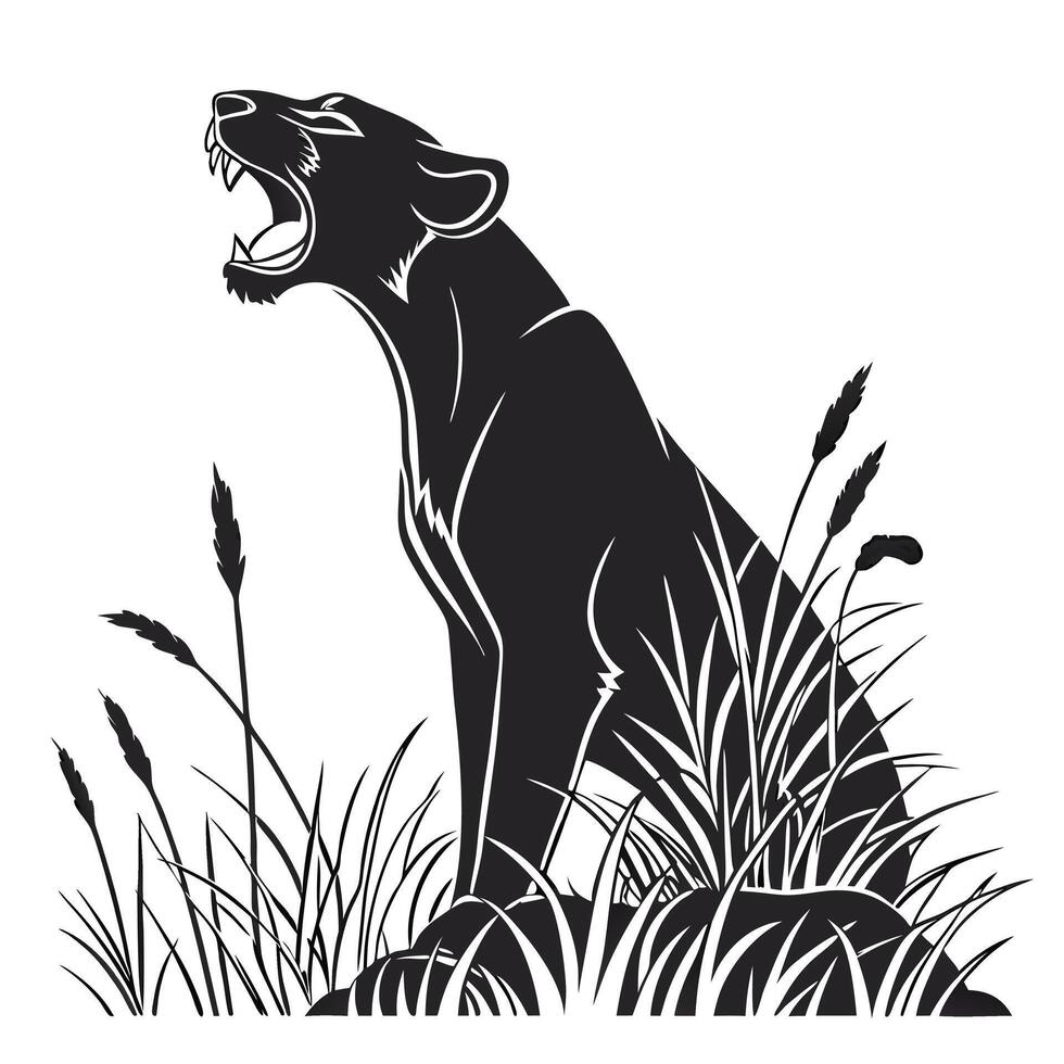 Panther Silhouette Roaring In Tall Grass vector