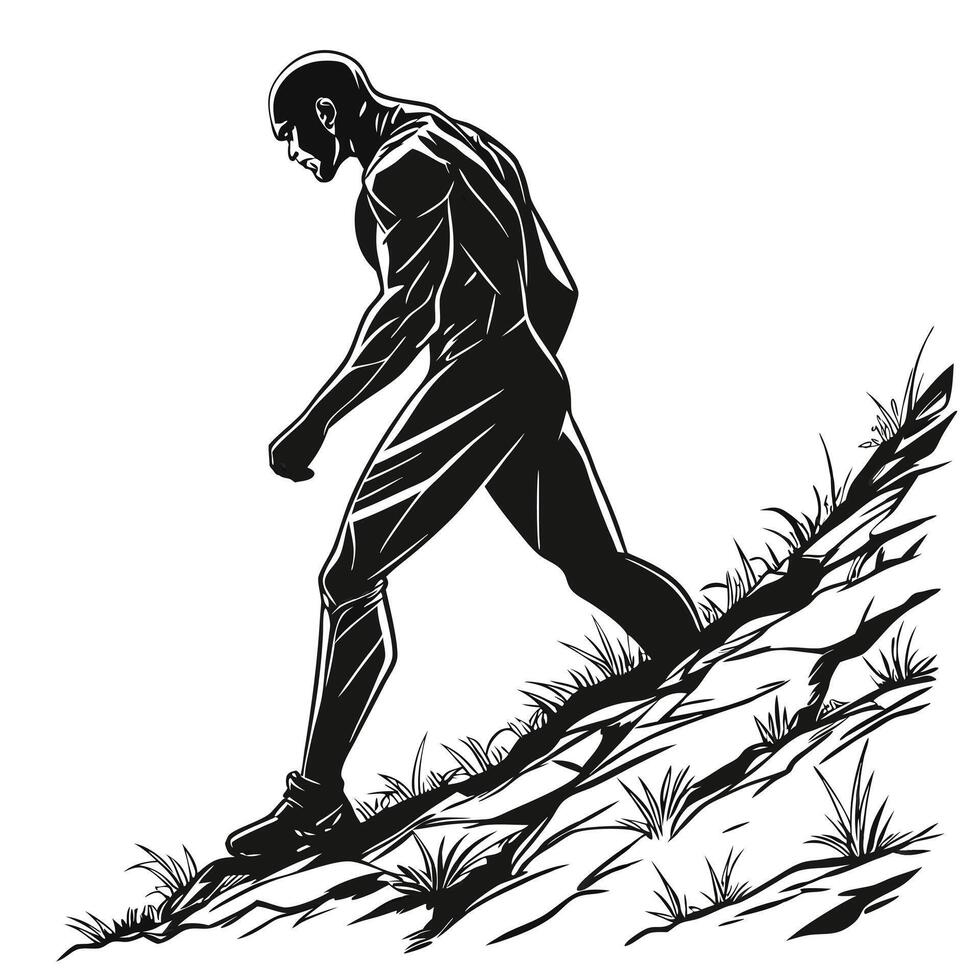 Muscular Man Walking Uphill Black And White vector