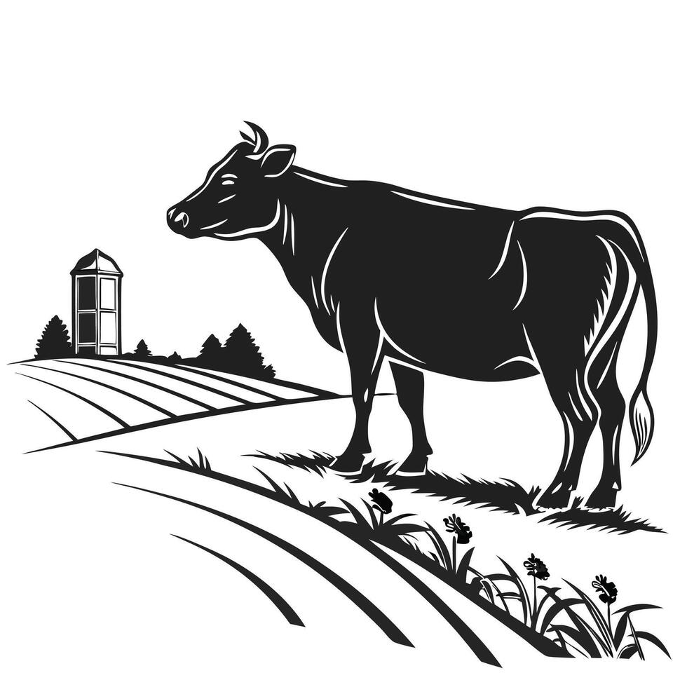 Silhouette Cow In Rural Farm Landscape vector