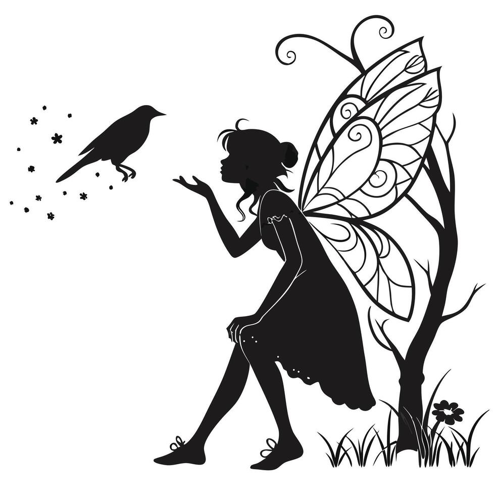 Silhouette Fairy Interacts With A Bird vector
