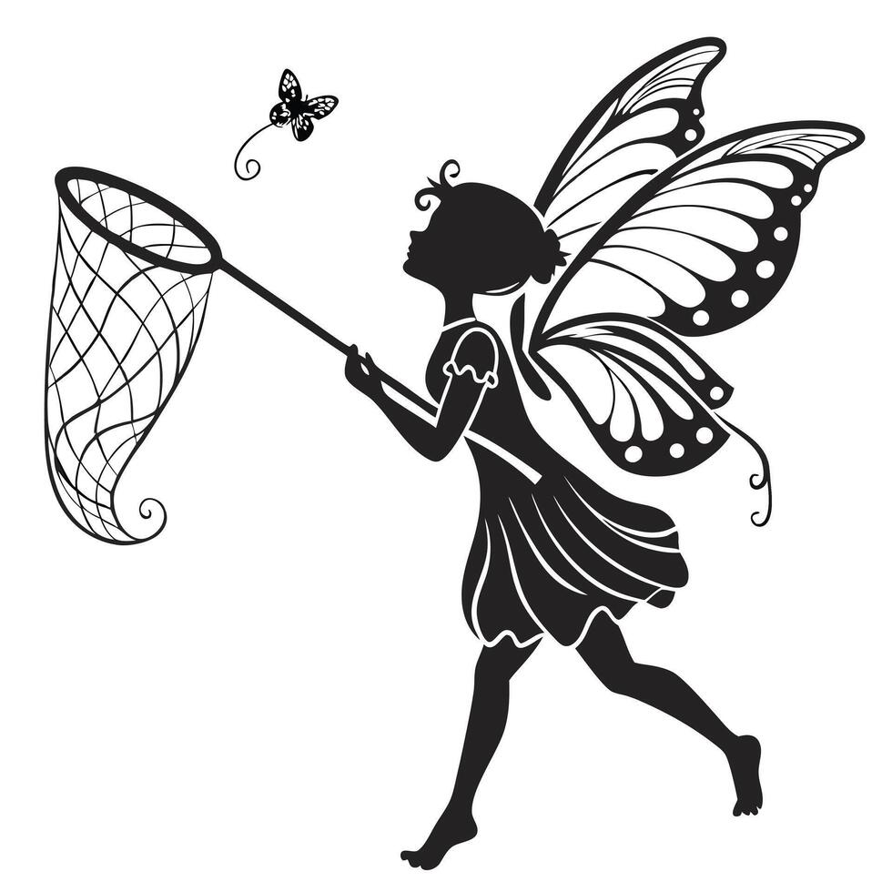 Silhouette Fairy Chasing Butterfly Illustration vector