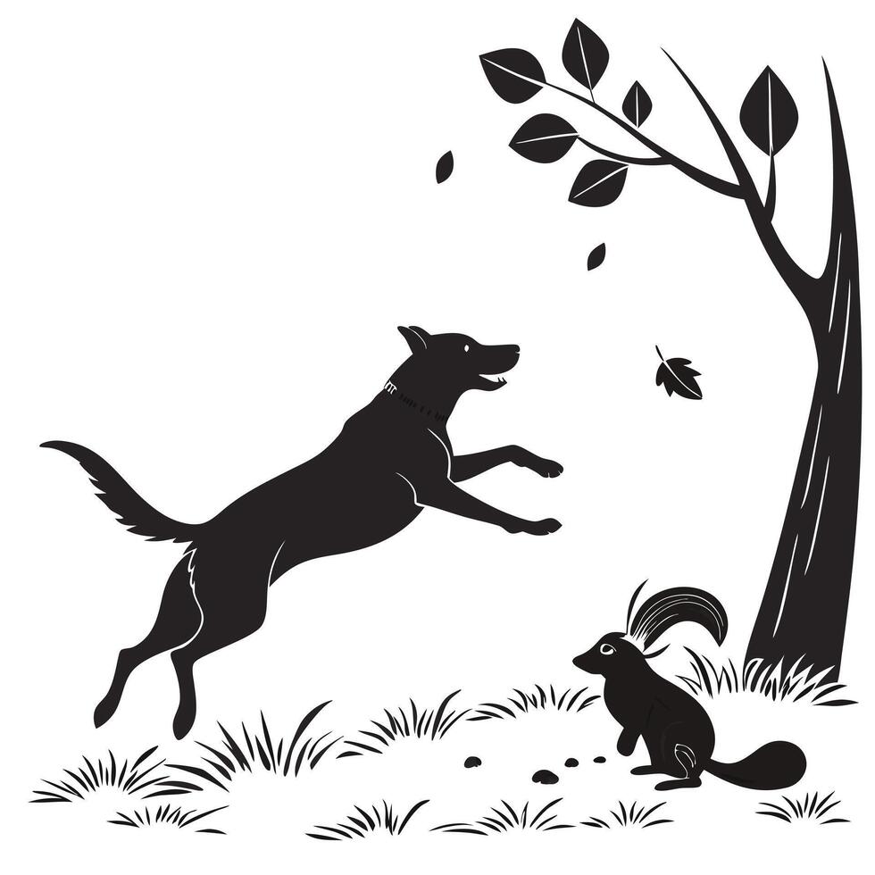 Silhouette Dog Jumping At A Squirrel vector