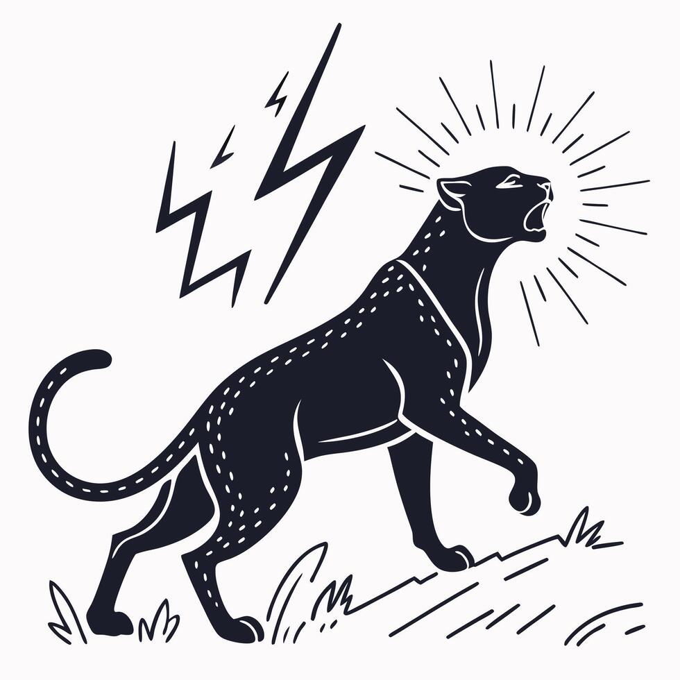 Roaring Panther Surrounded By Lightning Bolts vector