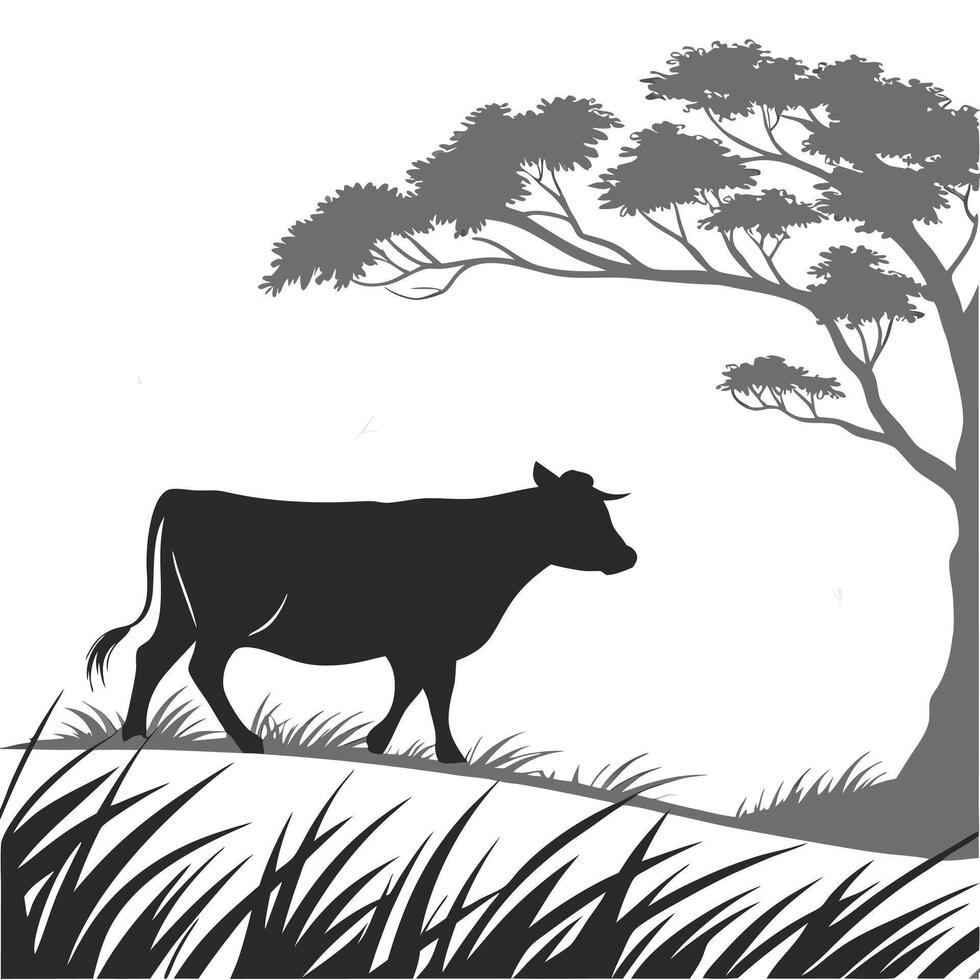 Silhouette Cow Under Tree Art vector