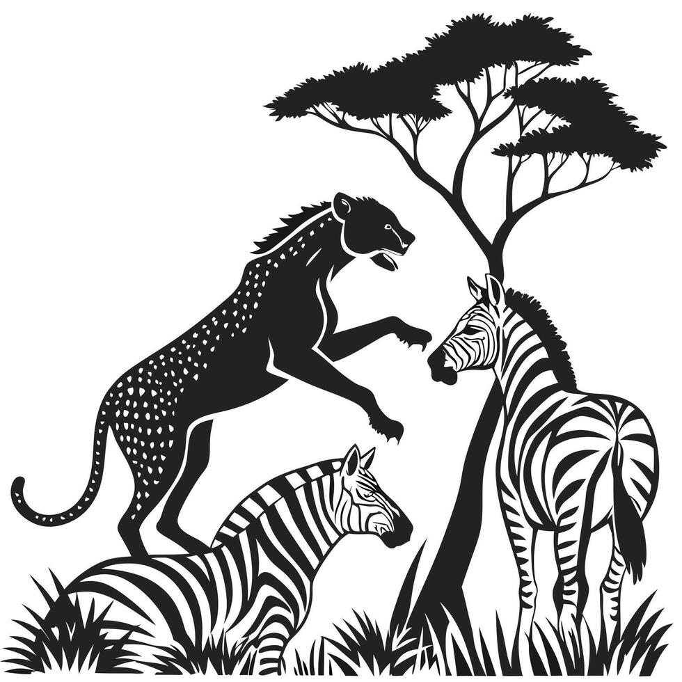 Silhouette Cheetah Attack On Zebras vector