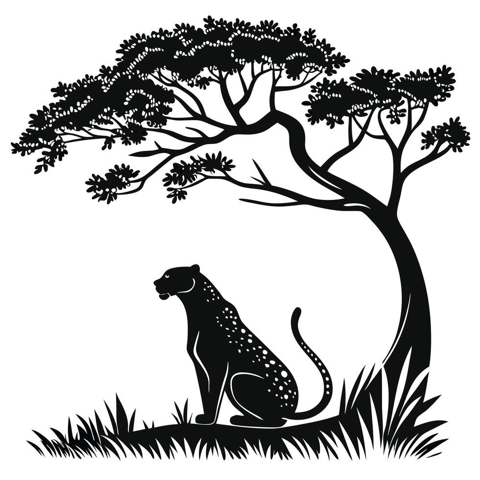 Silhouette Cheetah Under Tree In Grass vector