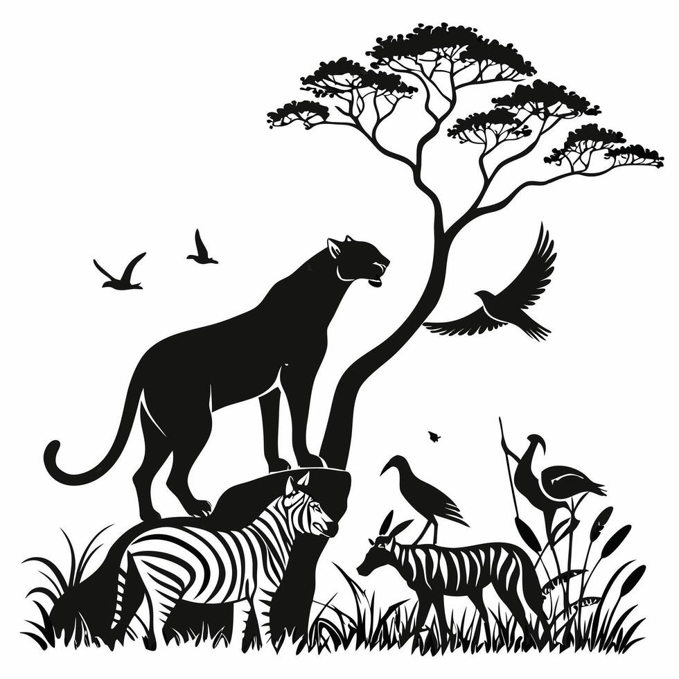 Silhouette African Wildlife Scene With Animals vector
