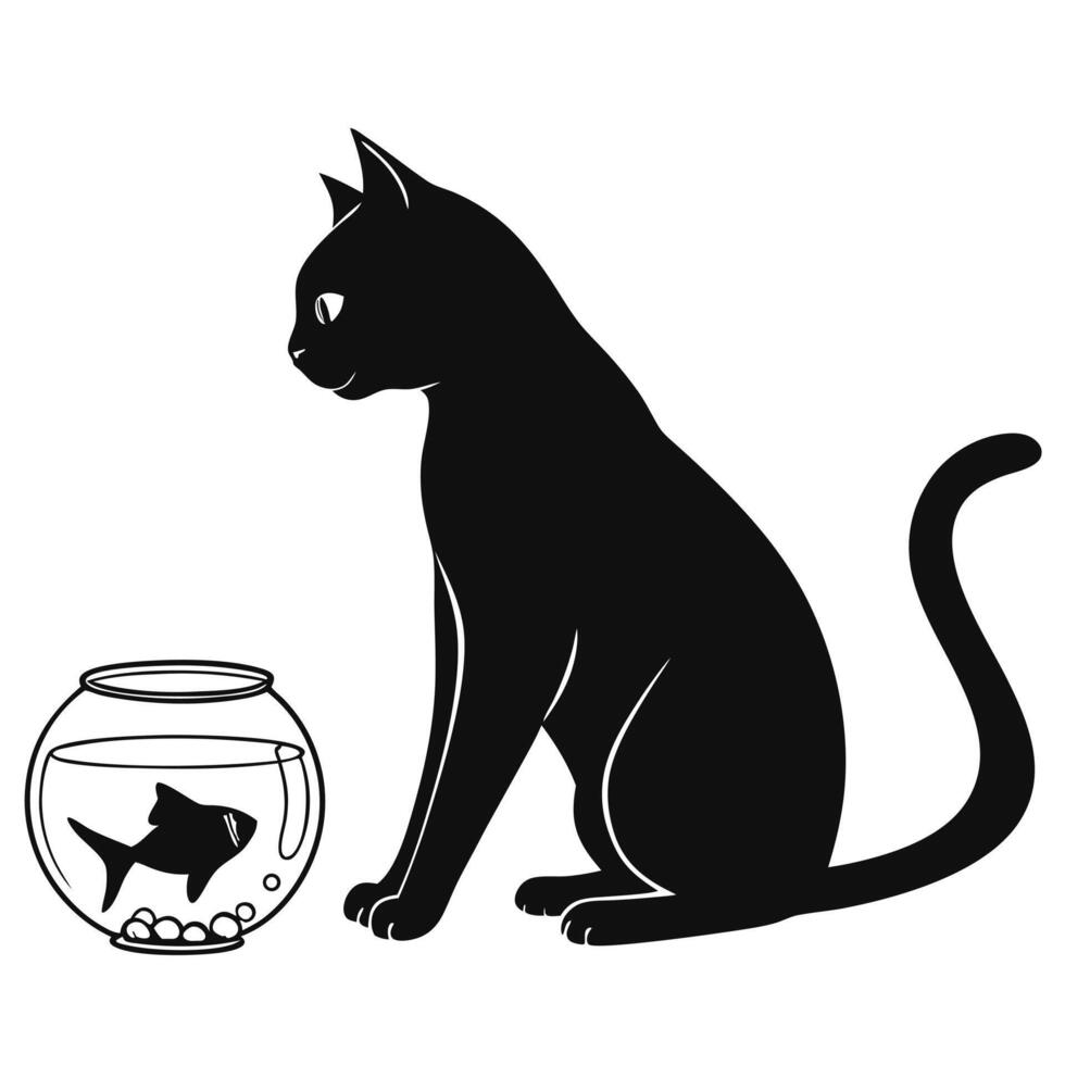 Silhouette Cat Looking At Fishbowl vector