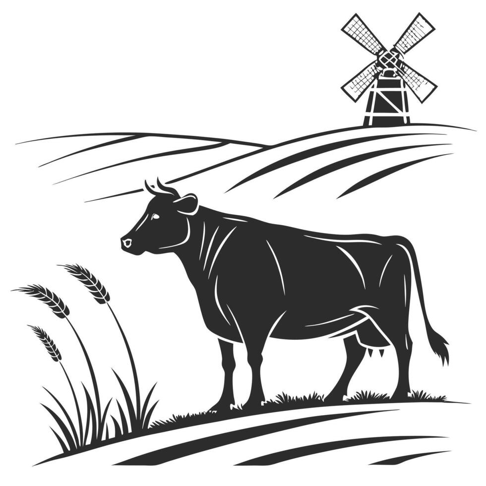 Silhouette Cow On Farm With Windmill vector