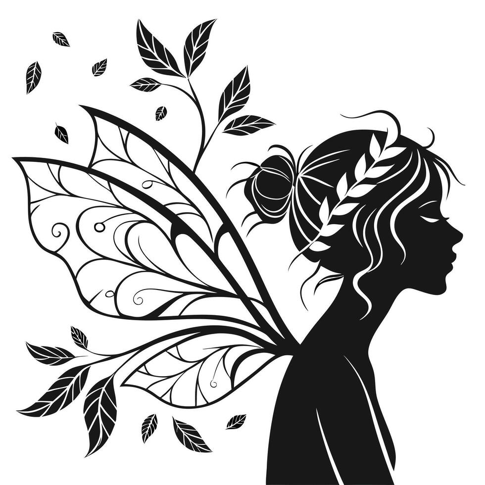 Silhouette Fairy With Leaves And Wings vector