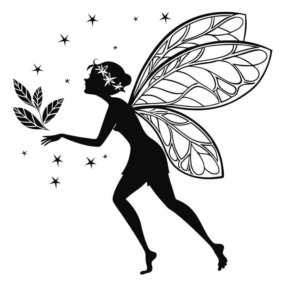 Silhouette Fairy With Leaves And Stars vector