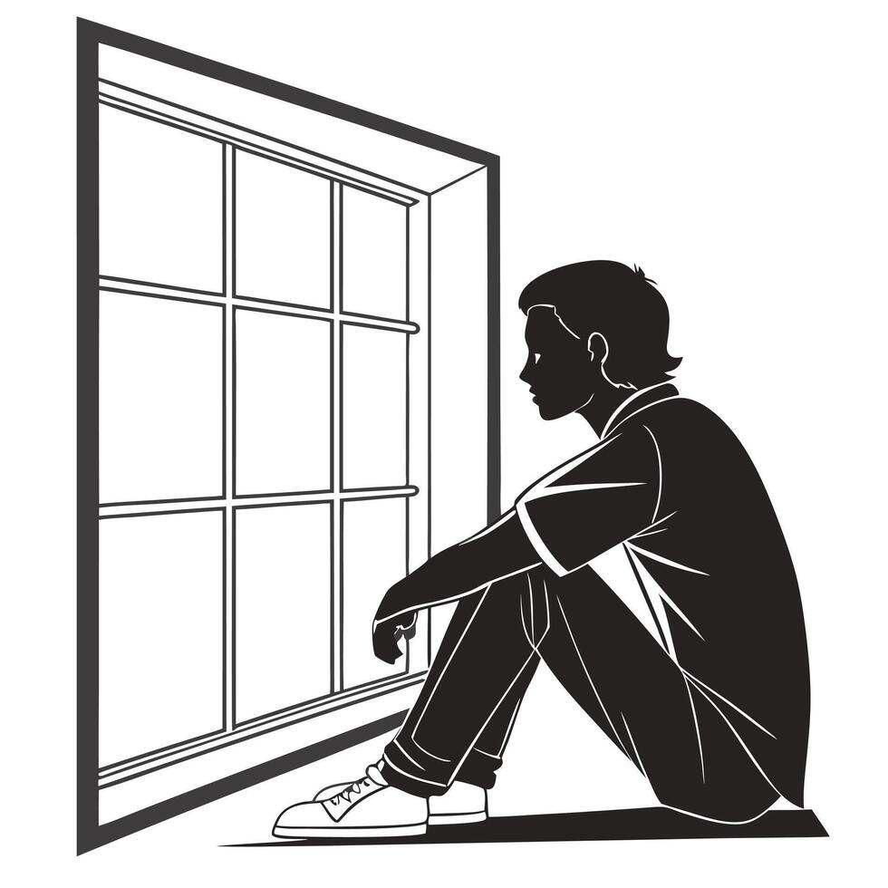 Silhouette Man Contemplating By Window Illustration vector