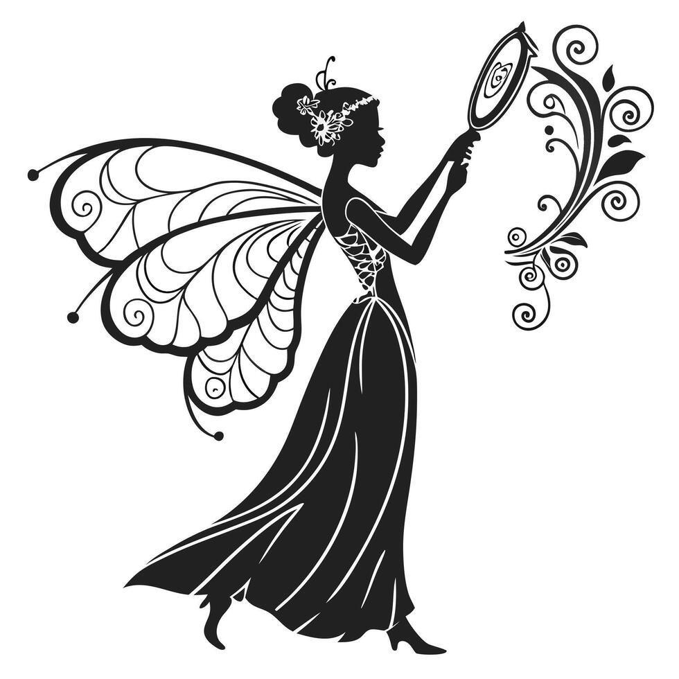 Silhouette Fairy With Mirror And Floral vector