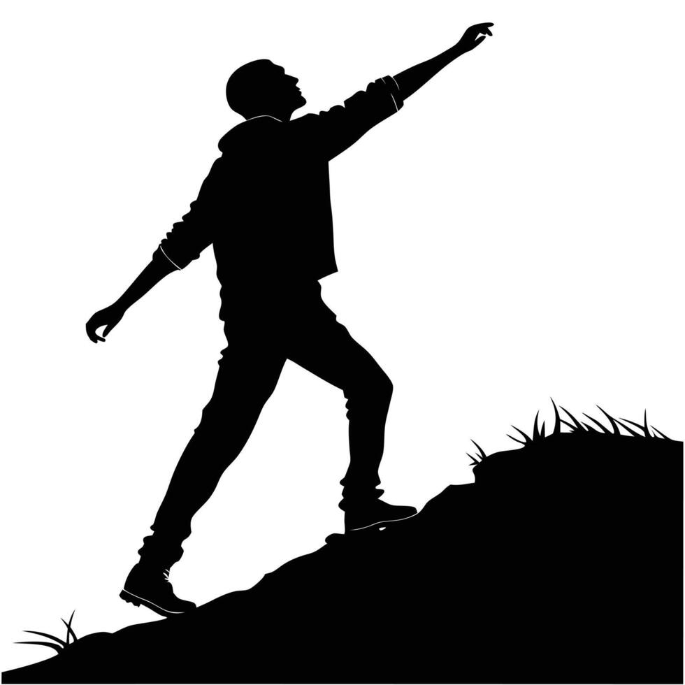 Silhouette Man Climbs Reaching Up Hill vector