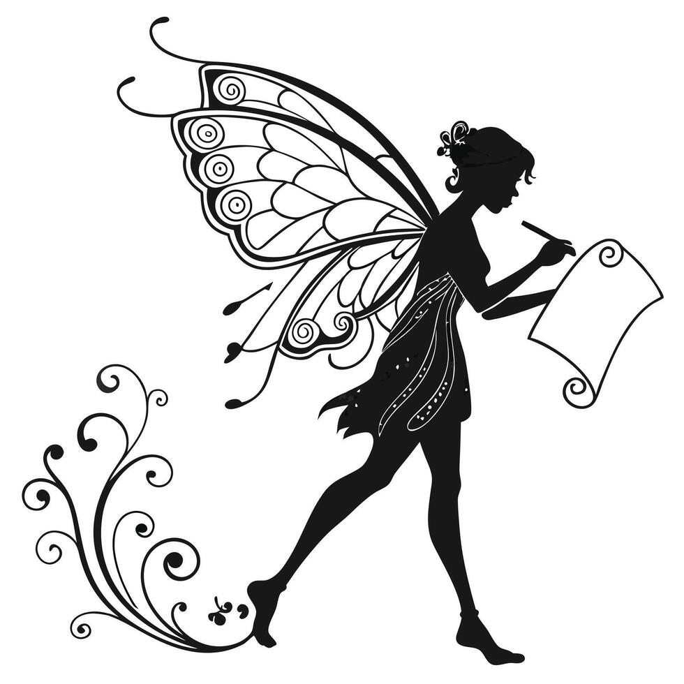 Silhouette Fairy Writing Scroll Floral Design vector