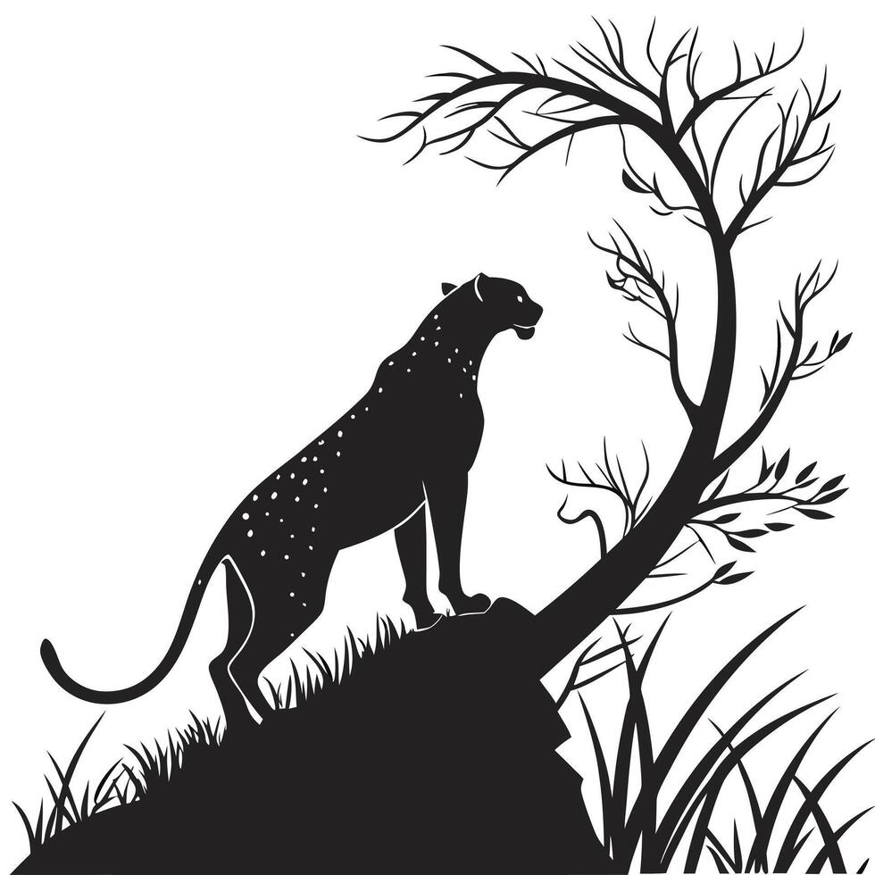 Silhouette Leopard On Hill With Tree vector