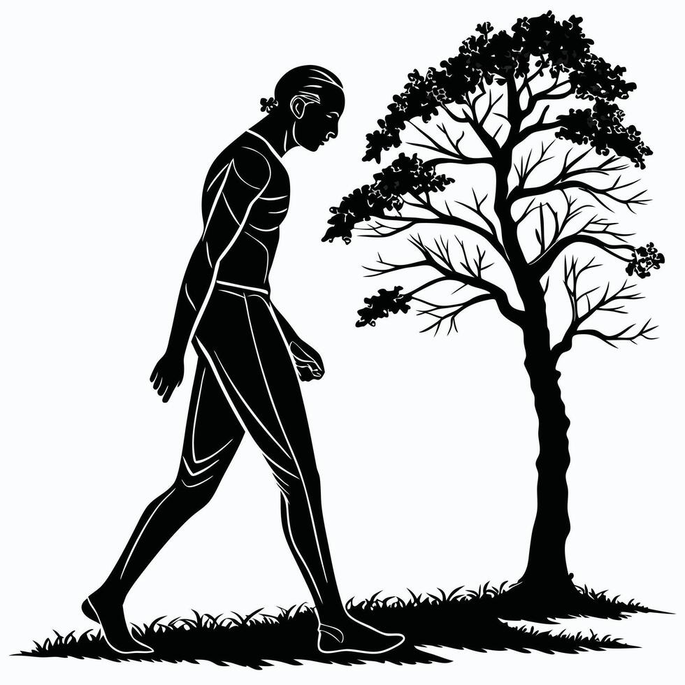 Silhouette Man Walking Tree Nature Monochrome vector