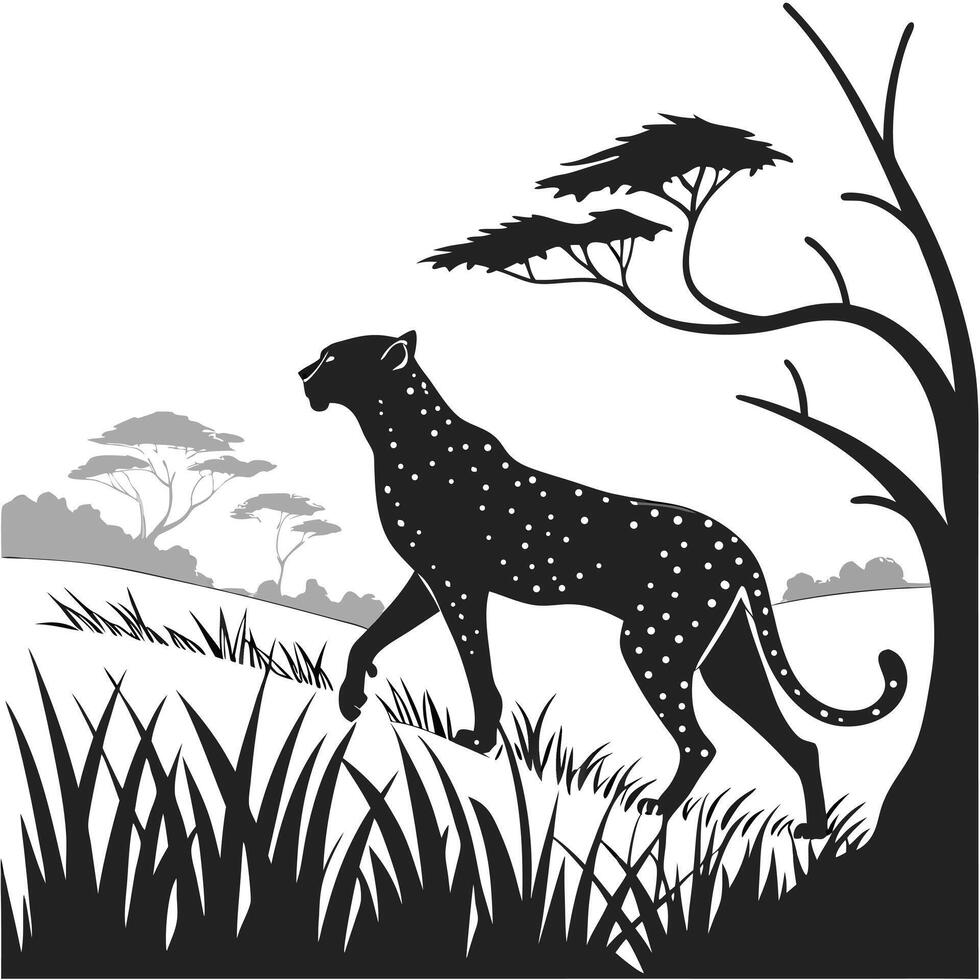 Silhouette Of Cheetah In Savannah Landscape vector