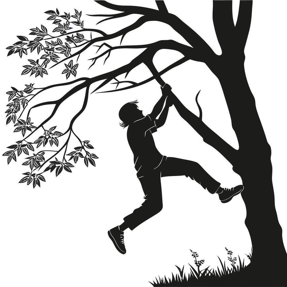 Silhouette Of Child Climbing Tree Branch vector