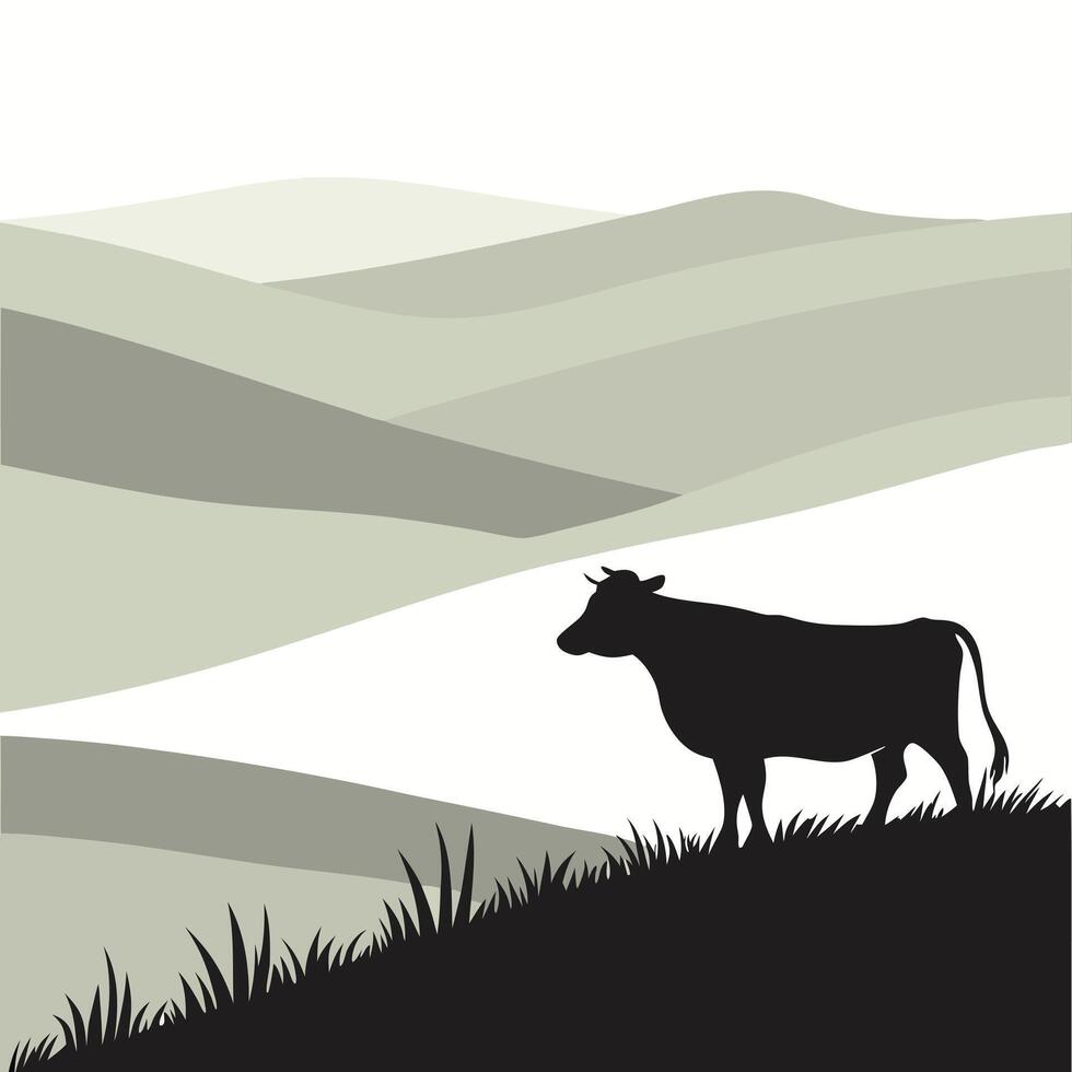 Silhouette Of Cow In Green Fields vector