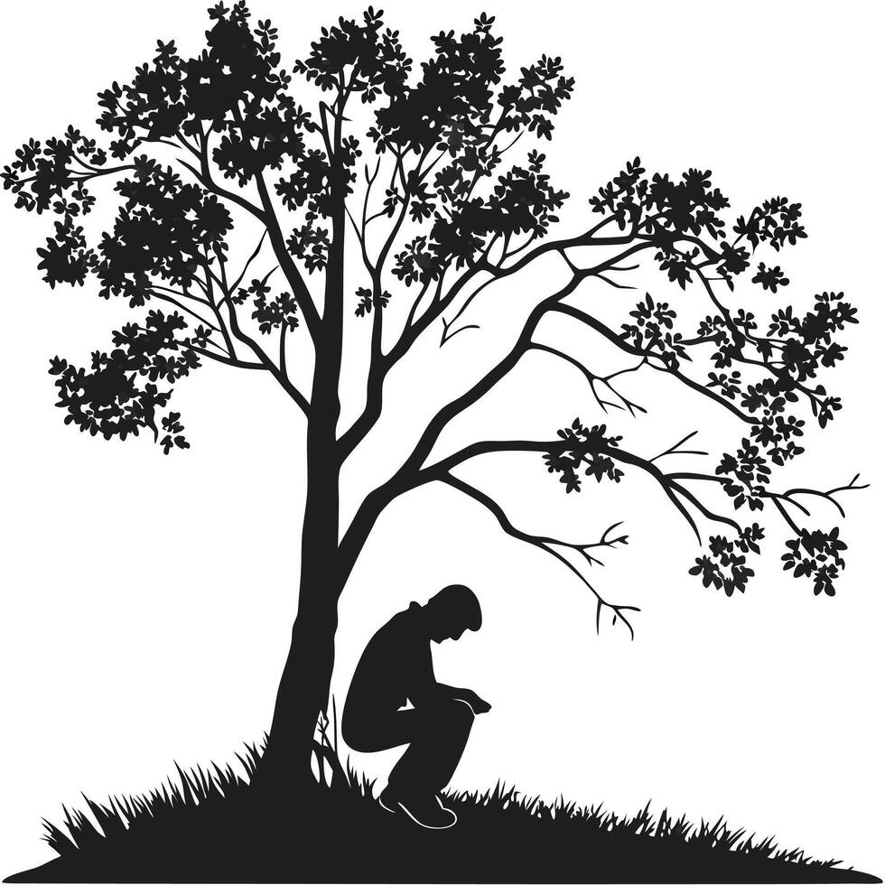 Silhouette Of Man Under Tree vector