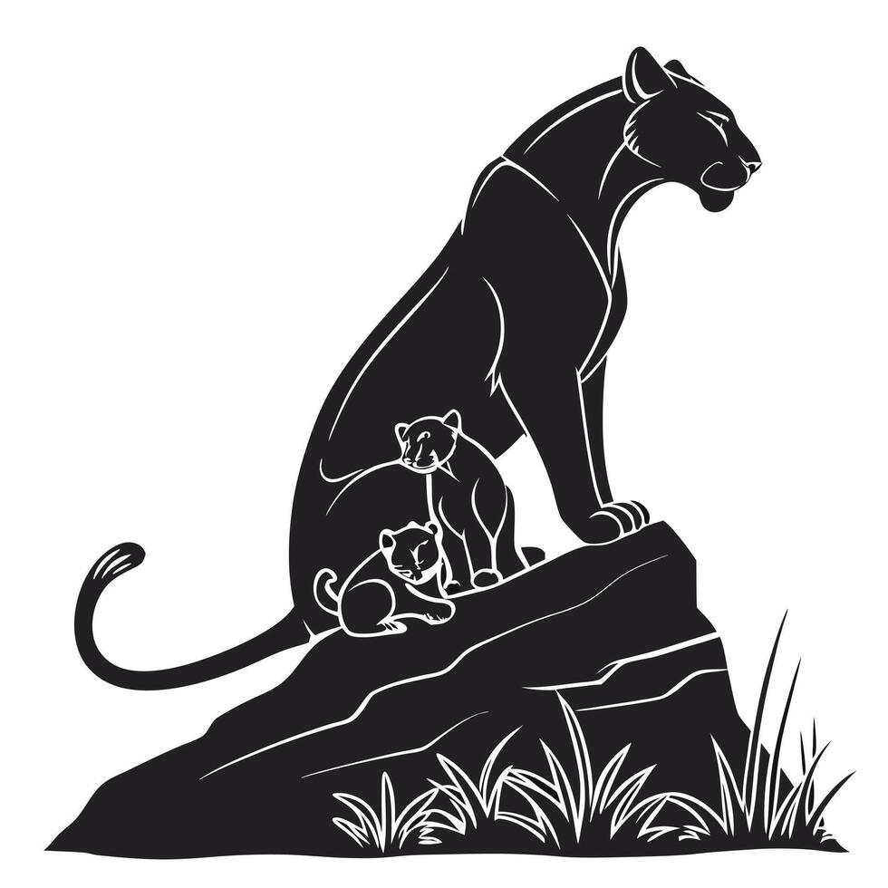 Silhouette Of Panther With Two Cubs vector