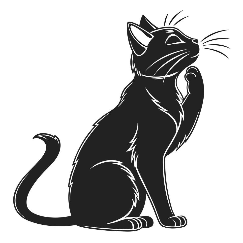 Sleek Black Cat Grooming Silhouette vector