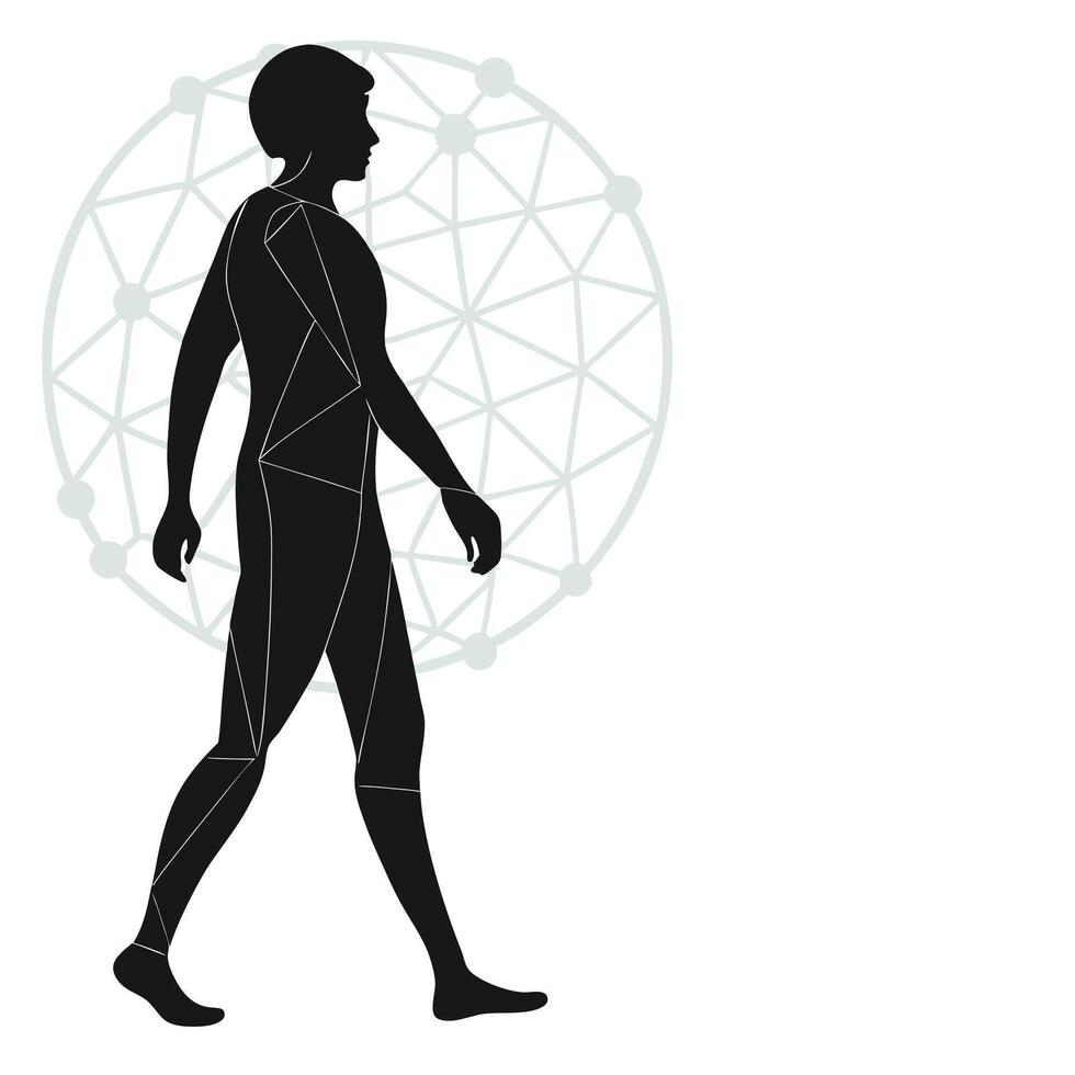 Walking Man Silhouette With Network Background vector
