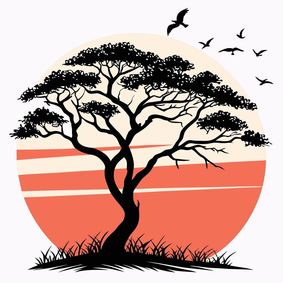 African Sunset With Tree Silhouette And Birds vector