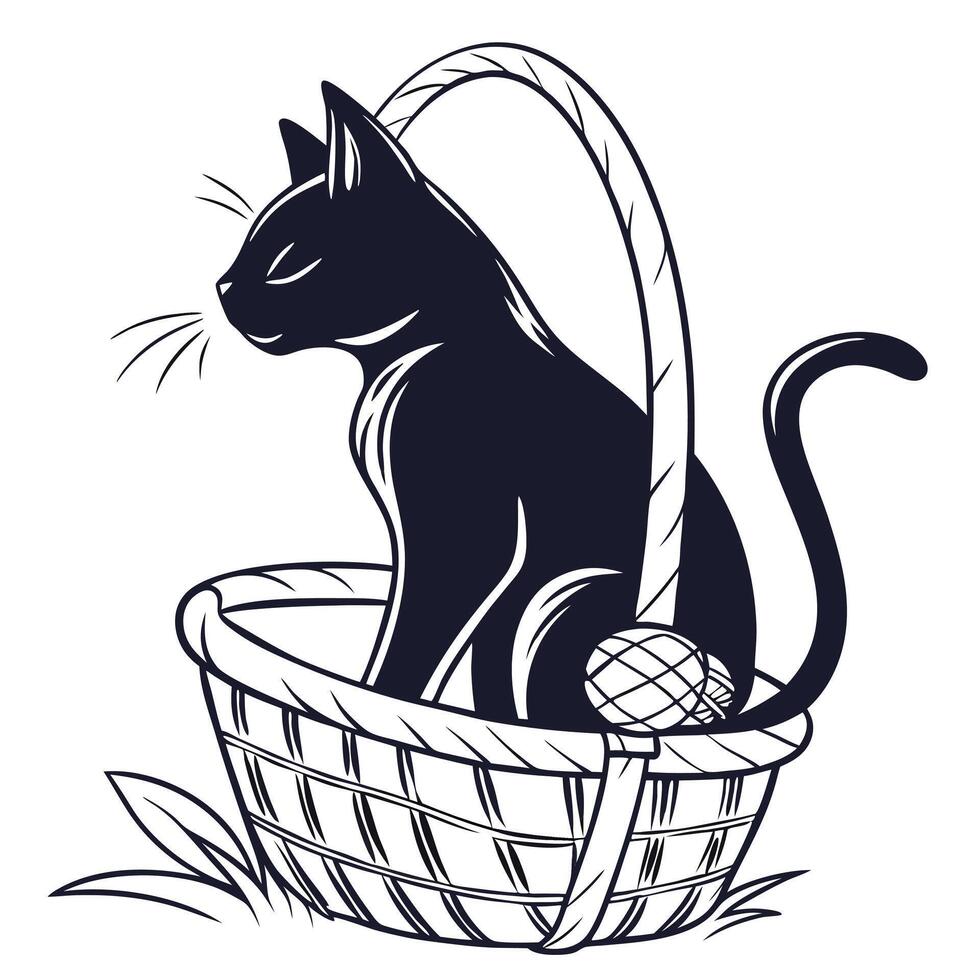 Black Cat Sits In Basket Outline vector