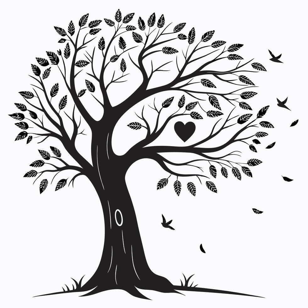 Black Tree Silhouette With Heart And Birds vector