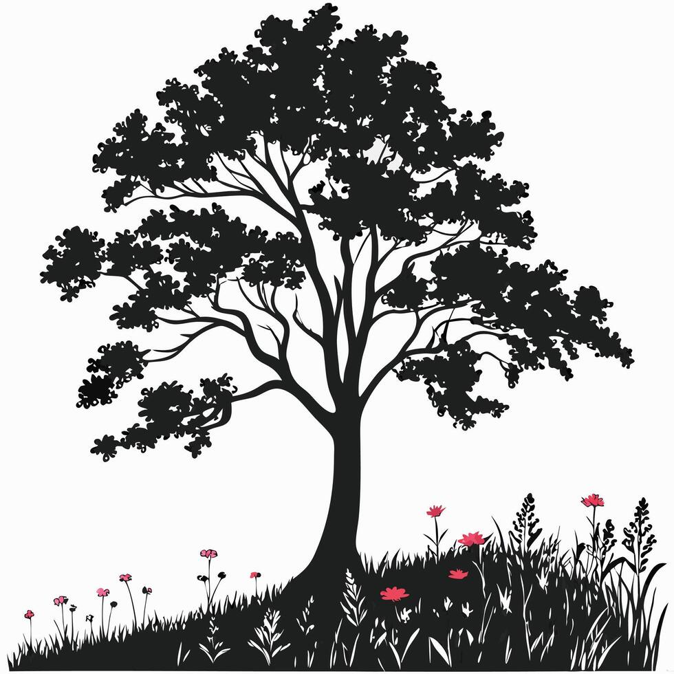 Black Tree Silhouette With Red Flowers vector