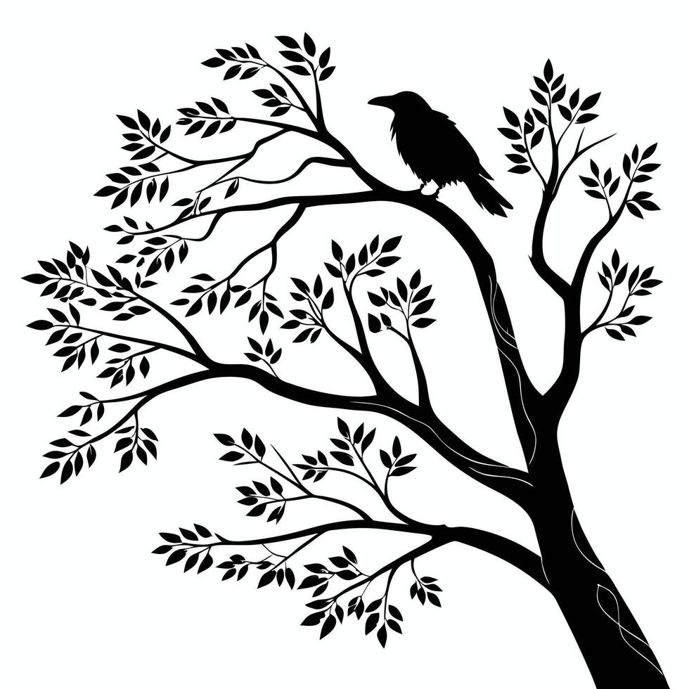 Crow Perched On Tree Silhouette vector